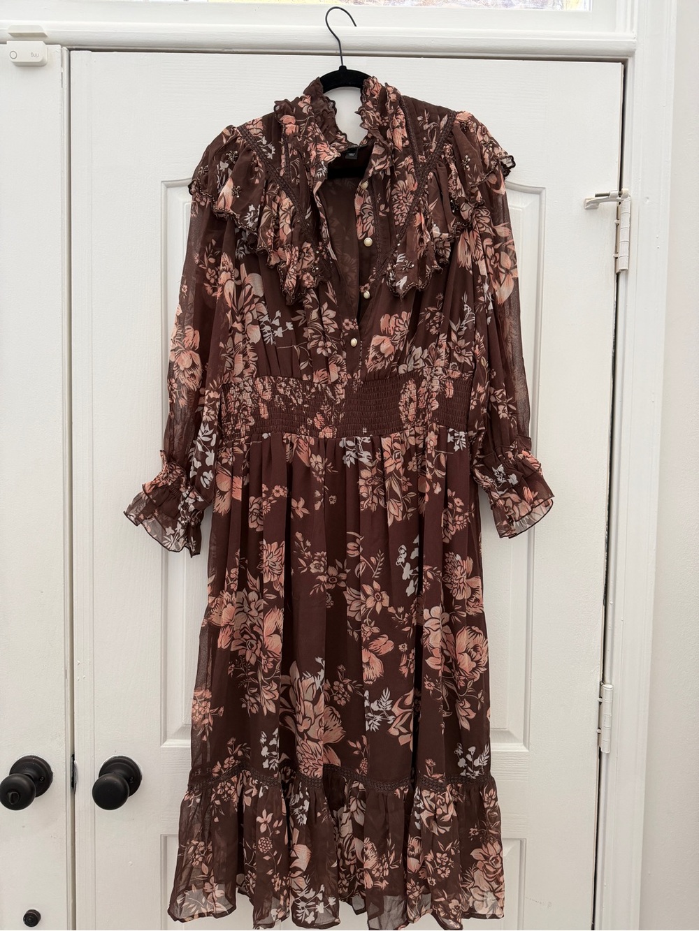 River Island Brown Floral Ruffle Midi Dress with Blush Accents